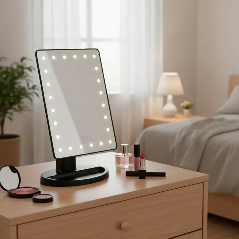 Specchio trucco con luci LED touchscreen e regolazione a 180° da appoggio nero