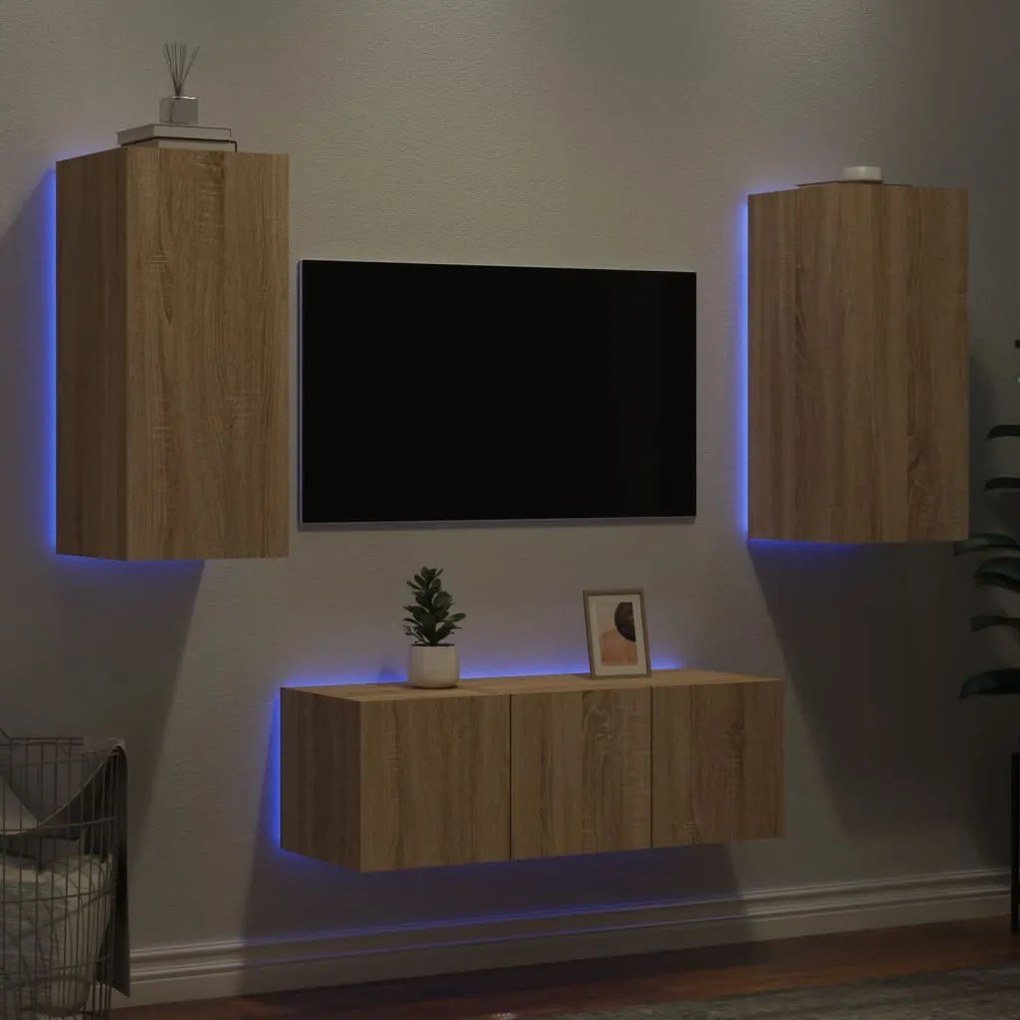 Mobili tv a muro con led 4pz rovere sonoma legno multistrato