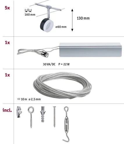 Paulmann 94457 - Set da 5 faretti LED 4W per sistema a cavi tesi CLEAR 230V