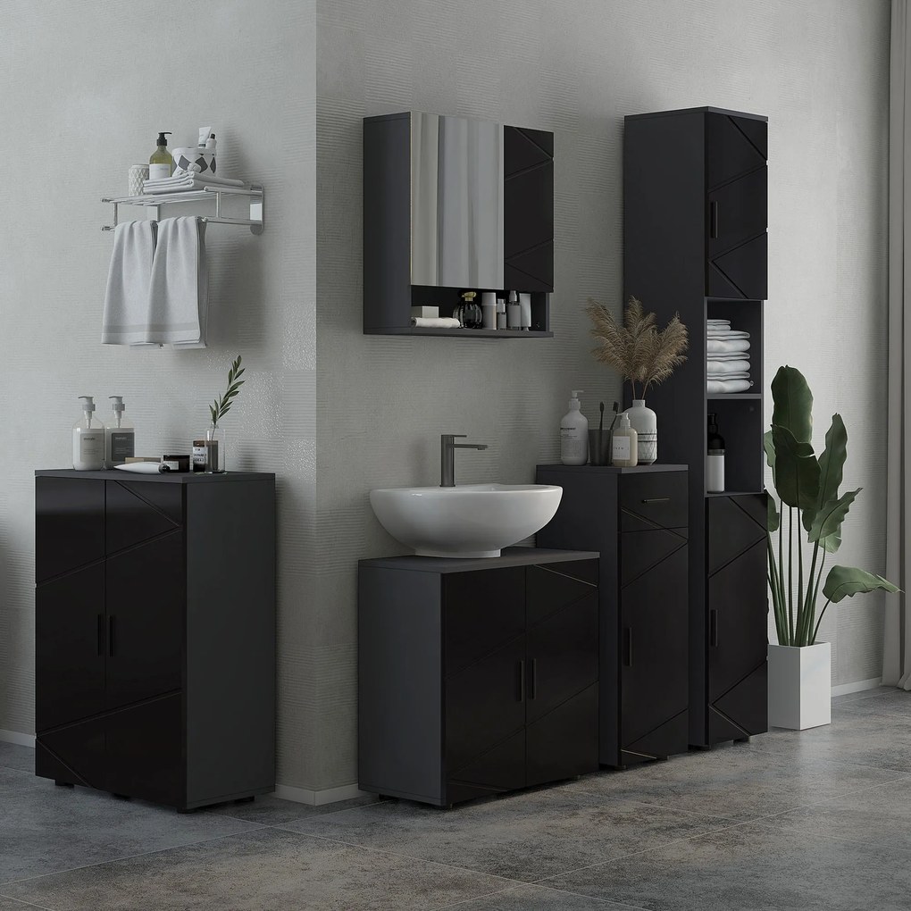 Mobile a Colonna per Bagno 30x30x183 cm in Truciolato Nero e Grigio...