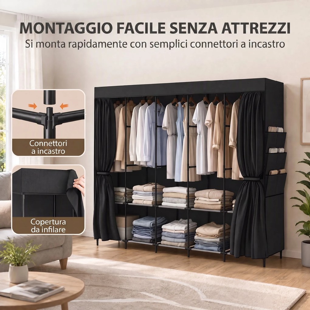 Armadio Salvaspazio 212x45x167 cm con 5 Aste 5 Ripiani 6 Tasche Laterali Ante Antipolvere con Zip in Tessuto Nero...