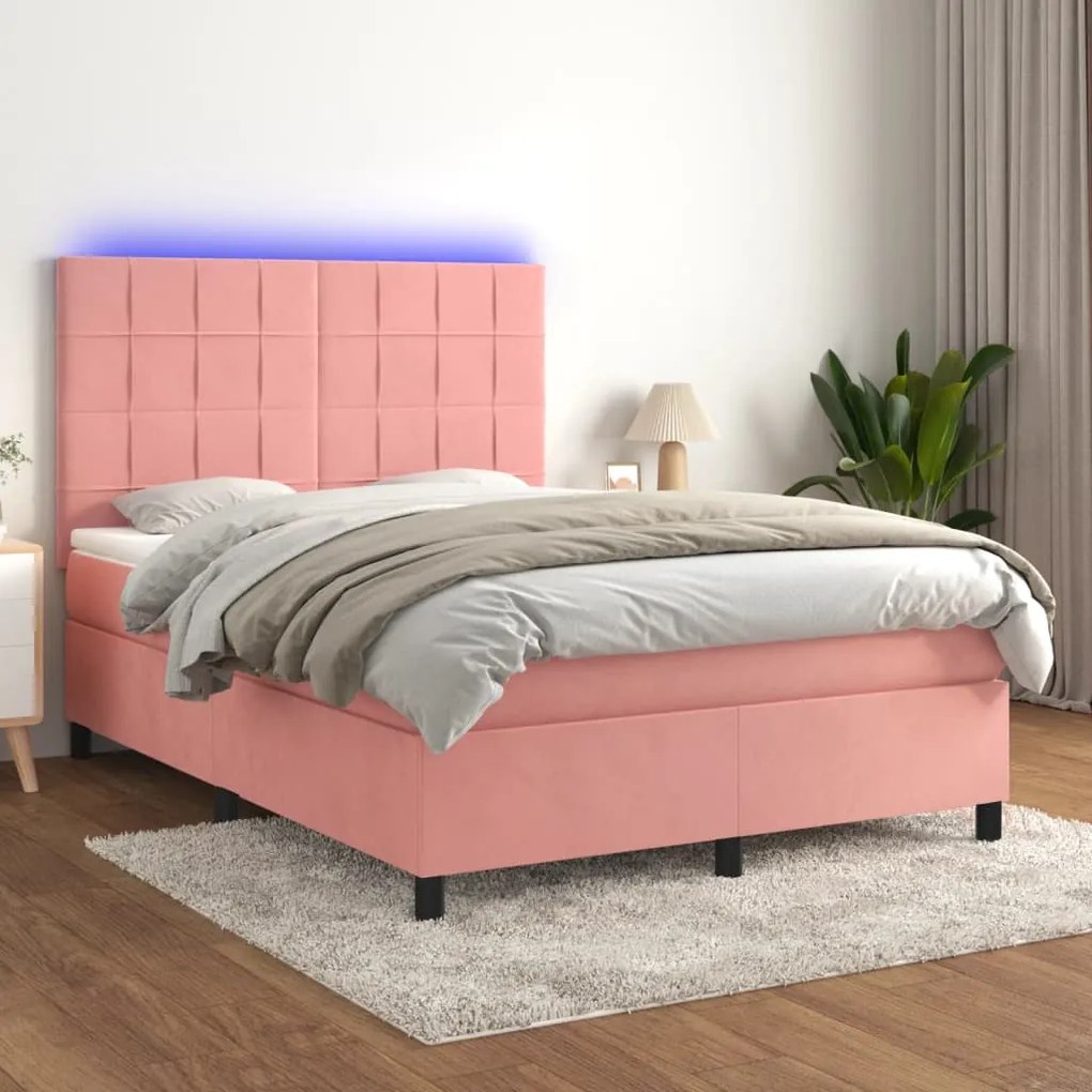 Letto A Molle Con Materasso E Led Rosa 140x200 Cm İn Velluto /