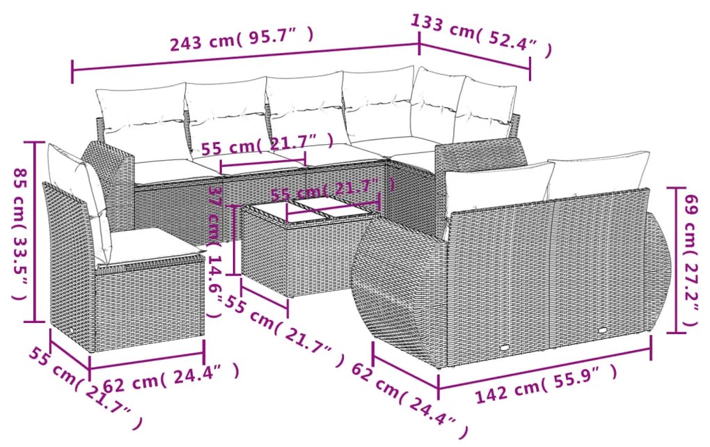 Set divani da giardino 9 pz con cuscini nero in polyrattan