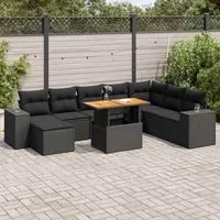 Set Divani da Giardino 9 pz con Cuscini Nero Polyrattan Acacia 3327408