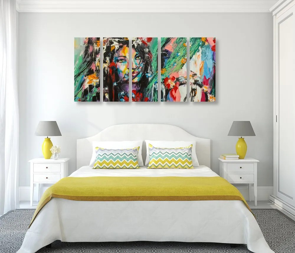 Quadri 5 pezzi – Pittura a olio di donna e cavallo