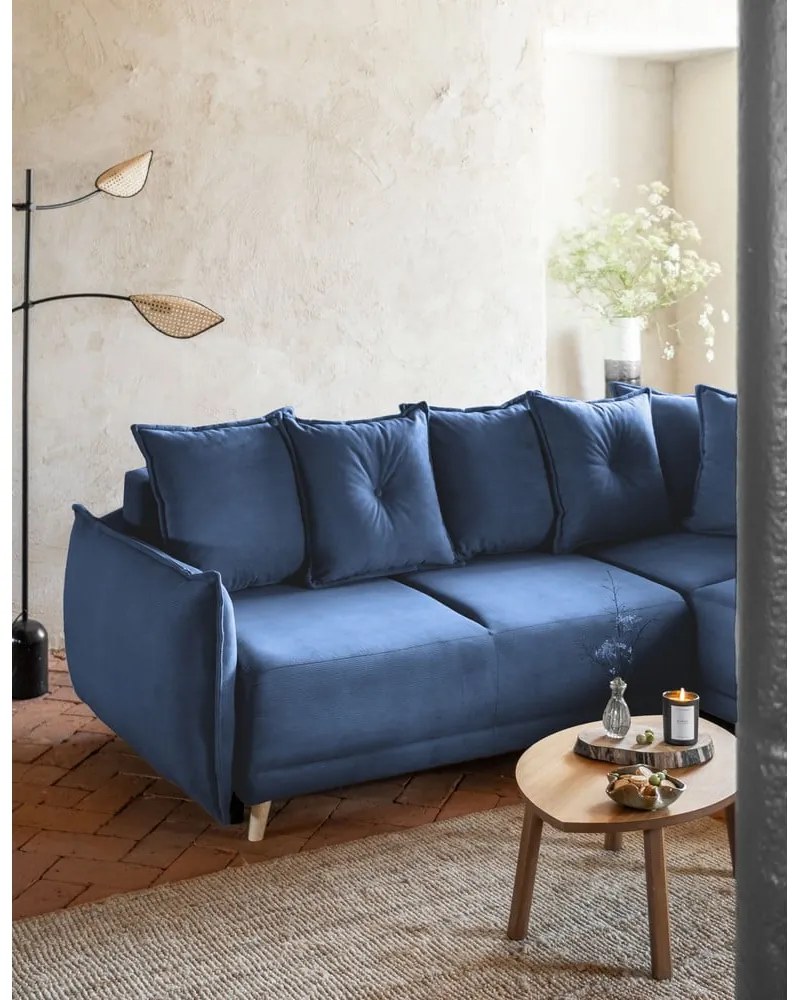 Divano letto angolare in velluto a coste blu scuro (angolo destro) Lazy Lukka - Miuform