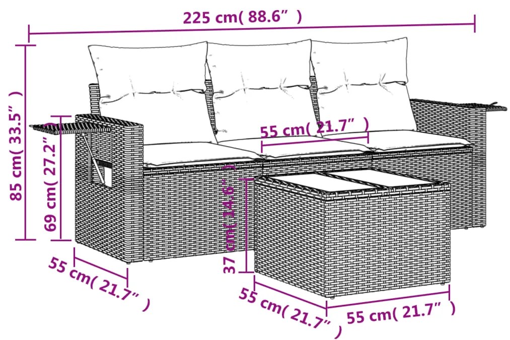 Set Divani da Giardino 4 pz con Cuscini in Polyrattan Grigio