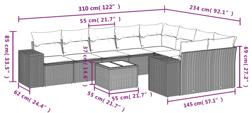 Set divano giardino 10 pz con cuscini grigio chiaro polyrattan