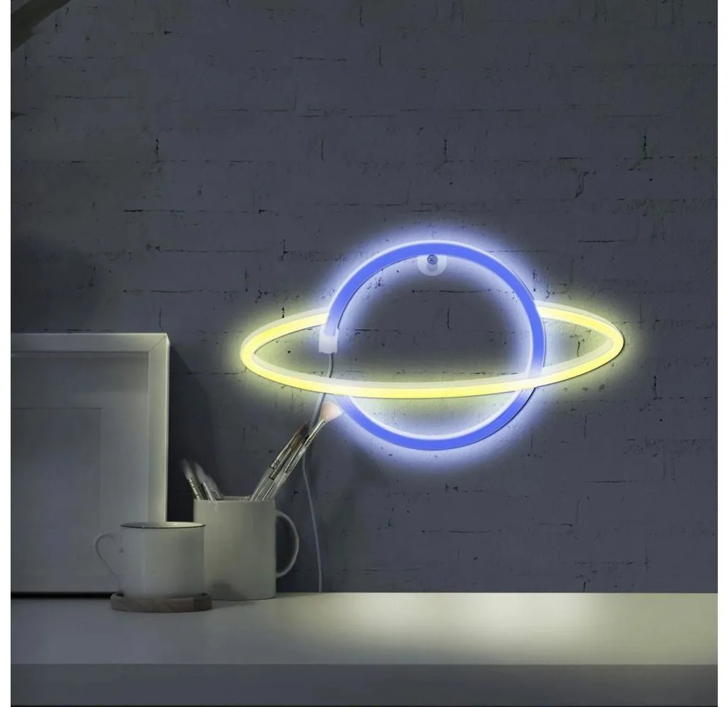LED Decorazione murale al neon PLANET LED/3W/3xAA USB blu/giallo