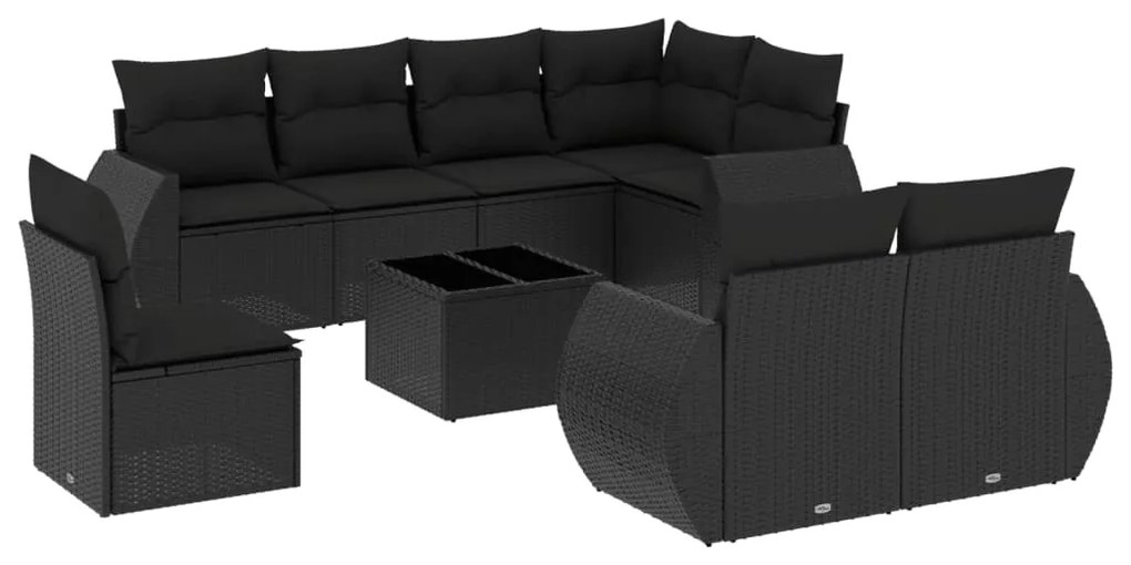 Set divani da giardino 9 pz con cuscini nero in polyrattan