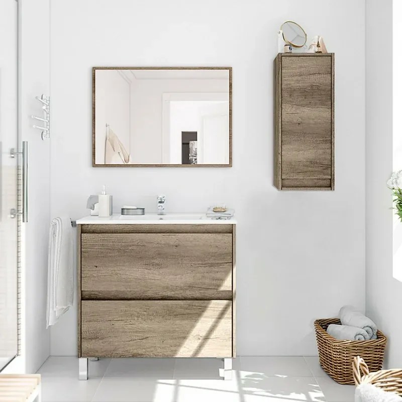 Mobiletto bagno a terra 80 cm 2 cassetti serie Oasi rovere con specchio e lavabo