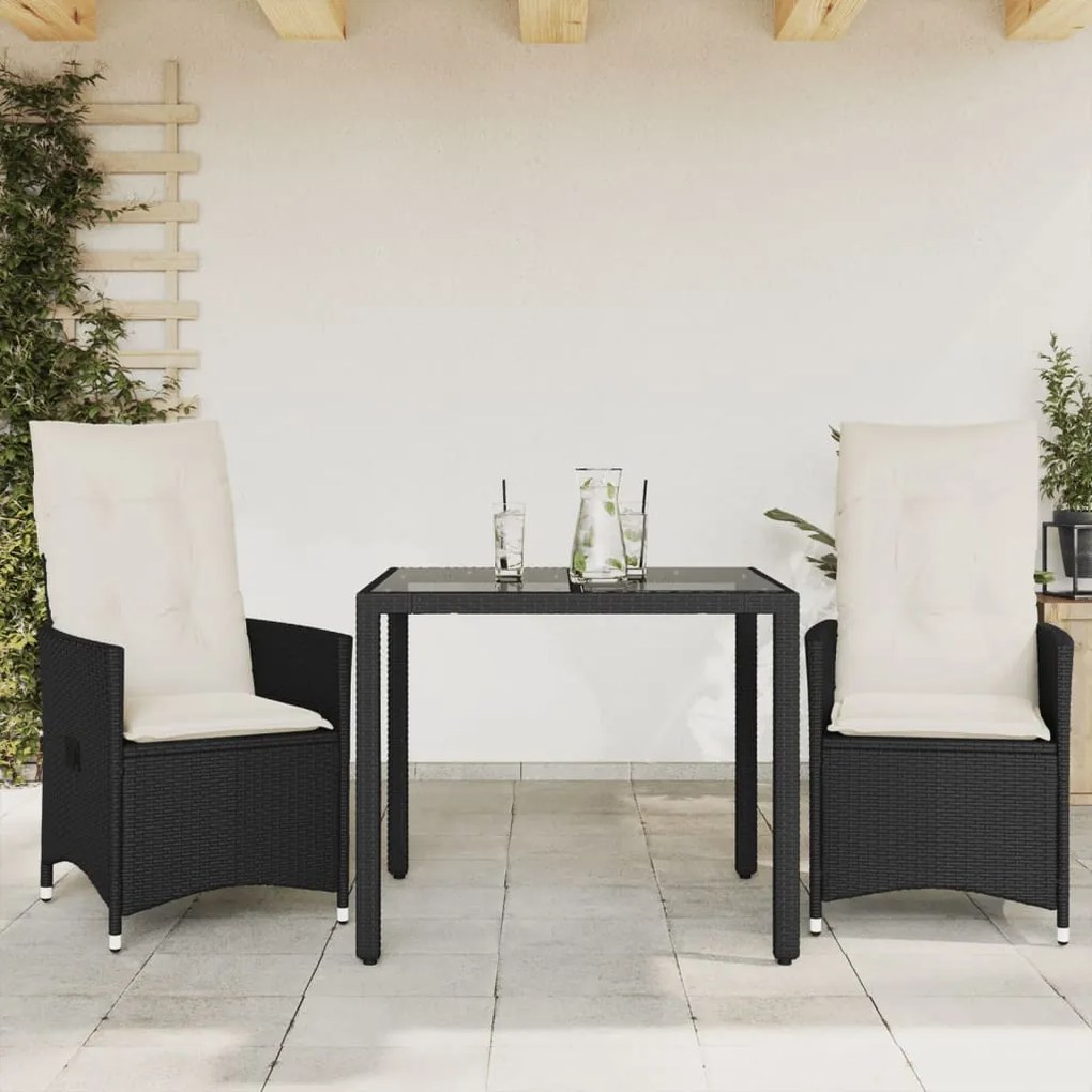 Set da bistrò 3 pz con cuscini nero in polyrattan