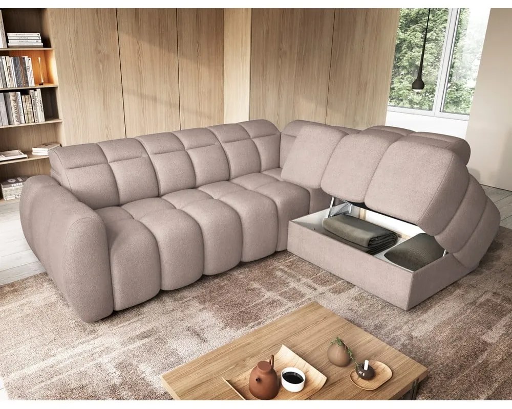 Divano angolare marrone chiaro allungabile/con contenitore (con penisola a destra/a L) e rivestimento in bouclé Falconn – ELTAP