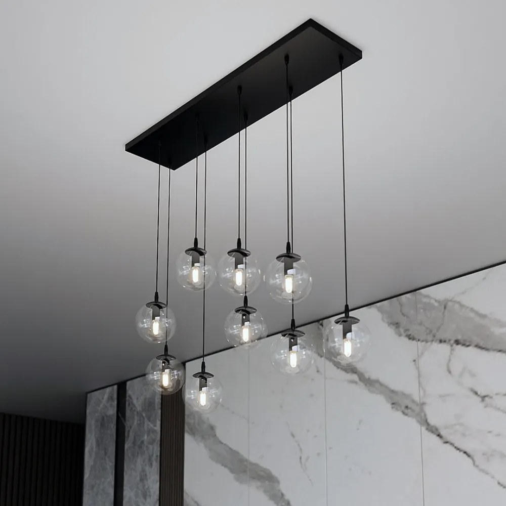 Lampadario a Sospensione in Acciaio e Vetro COSMO 9 Nero 9xE14 Colore delle Sfere Trasparente