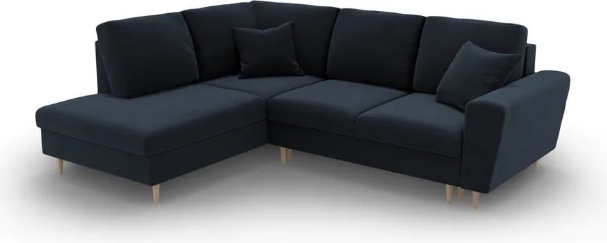 Divano angolare blu scuro allungabile e con contenitore (con penisola a sinistra/a L) con rivestimento in velluto Kyoto – Cosmopolitan Design