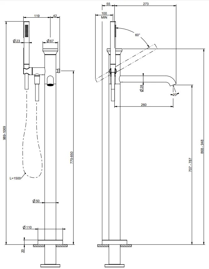 Parte esterna per piantana esterno vasca con doccetta deviatore parte incasso non inclusa brass brushed 66028 gessi