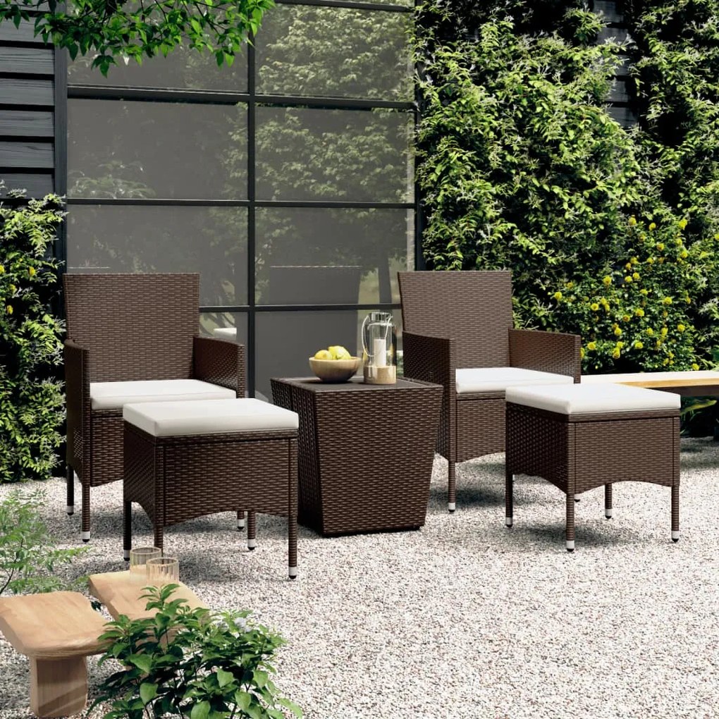 Set Bistrot Giardino 5 pz Polyrattan e Vetro Temperato Marrone