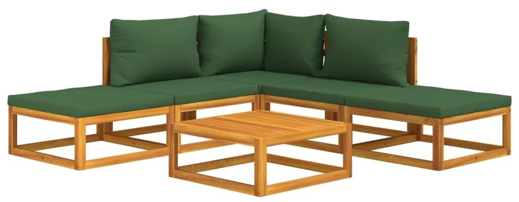 Set salotto da giardino 6pz con cuscini verdi in legno massello