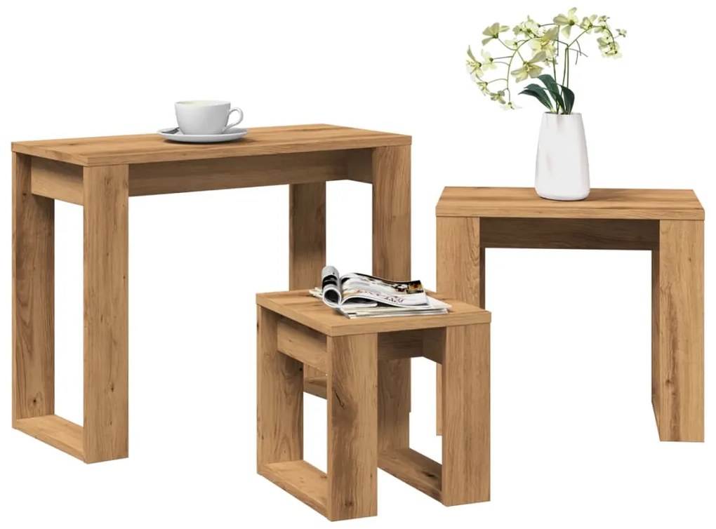 Nido Di Tavoli 3 Pz Rovere Artigianale İn Legno Multistrato /