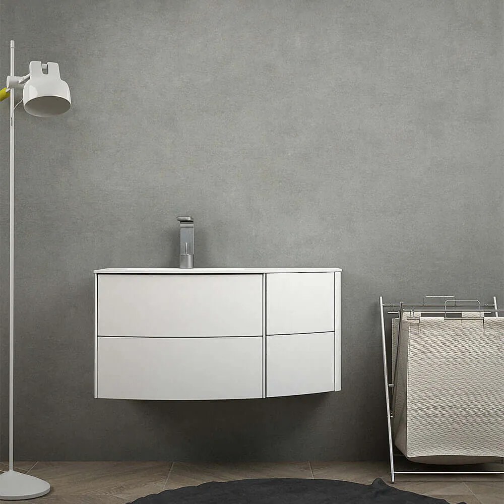 Mobile bagno Rio 90 Bianco opaco sospeso asimmetrico design curvo con lavabo a sinistra