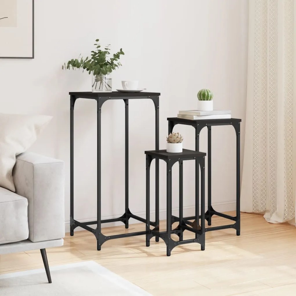 Tavolini impilabili 3 pz neri in legno multistrato