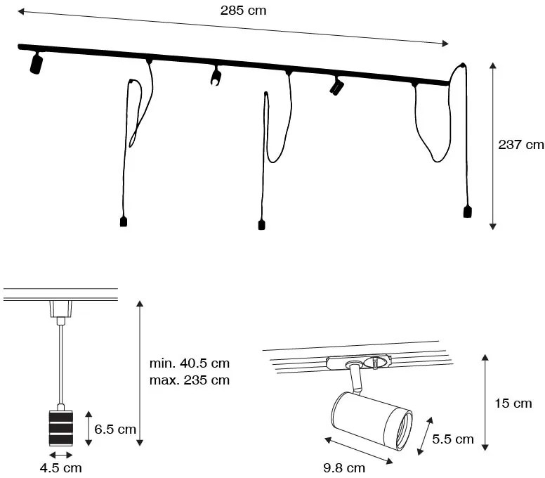 Sistema a binario monofase con 3 faretti e lampade a sospensione bronzo scuro - Cavalux Jeana