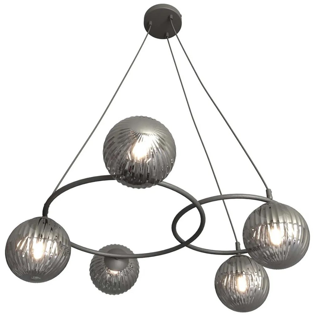 Lampadario 5 Luci Eolo A Cerchi E Diffusori In Vetro Rigato Fumè