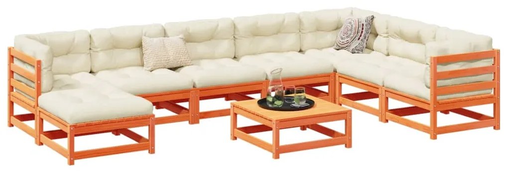 Set divani giardino 9 pz con cuscini marrone cera massello pino