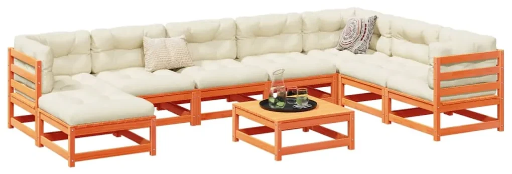 Set divani giardino 9 pz con cuscini marrone cera massello pino