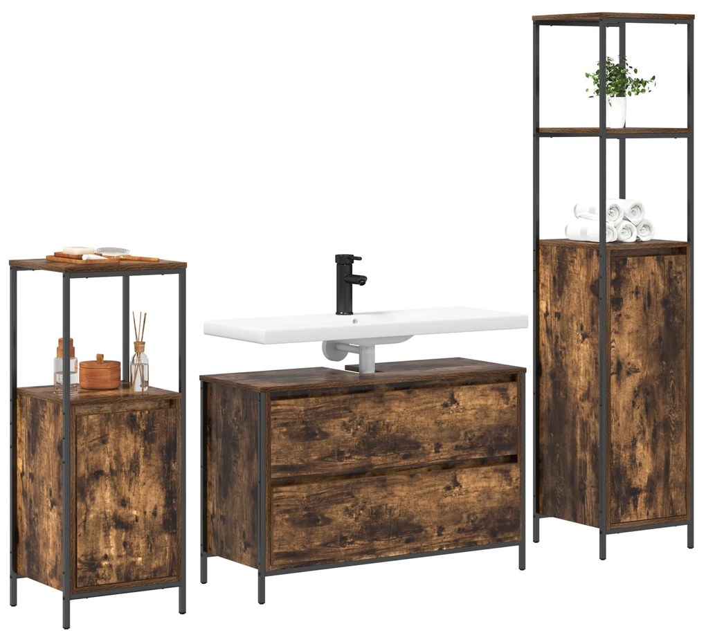 Set di mobili per bagno 3 pezzi in rovere fumé in legno ingegnerizzato