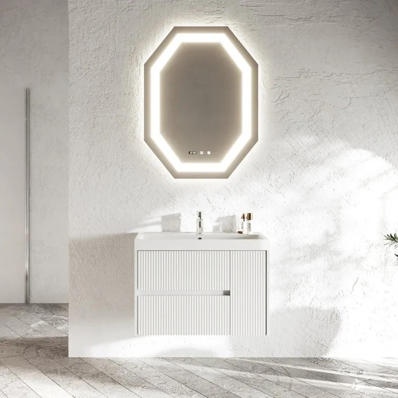 Base sospesa Portofino 80 cm con lavabo e 2 cassetti e 1 anta bianco opaco cannettato