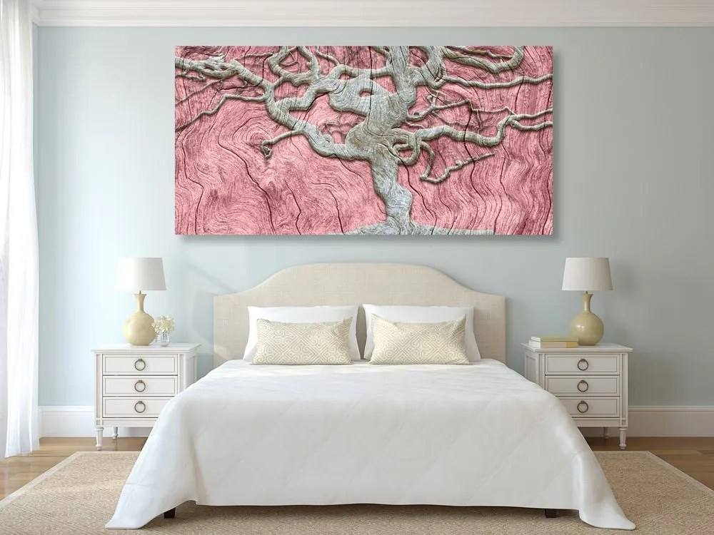 Quadro su tela – Albero astratto su legno con contrasto rosa