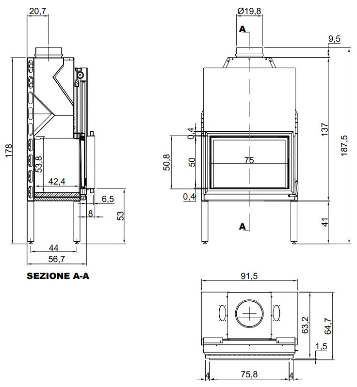 Antonio Lupi Design Filoskema75 Termocamino A Legna 75,8x50x8 Cm Con Anta E Struttura In Acciaio