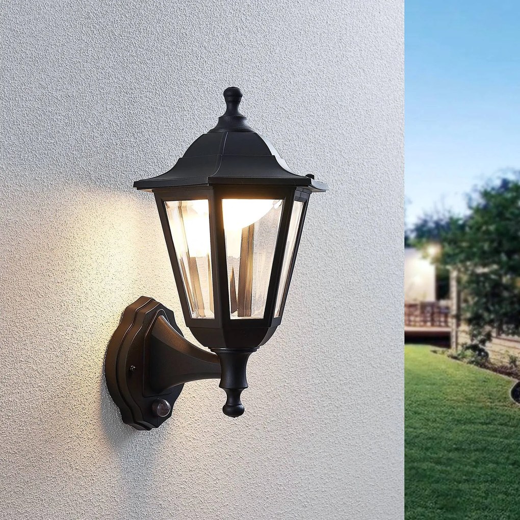 Lindby Applique da esterni LED Iavo, sensore, nero, lanterna Iavo, Nero, Plastica, Antico