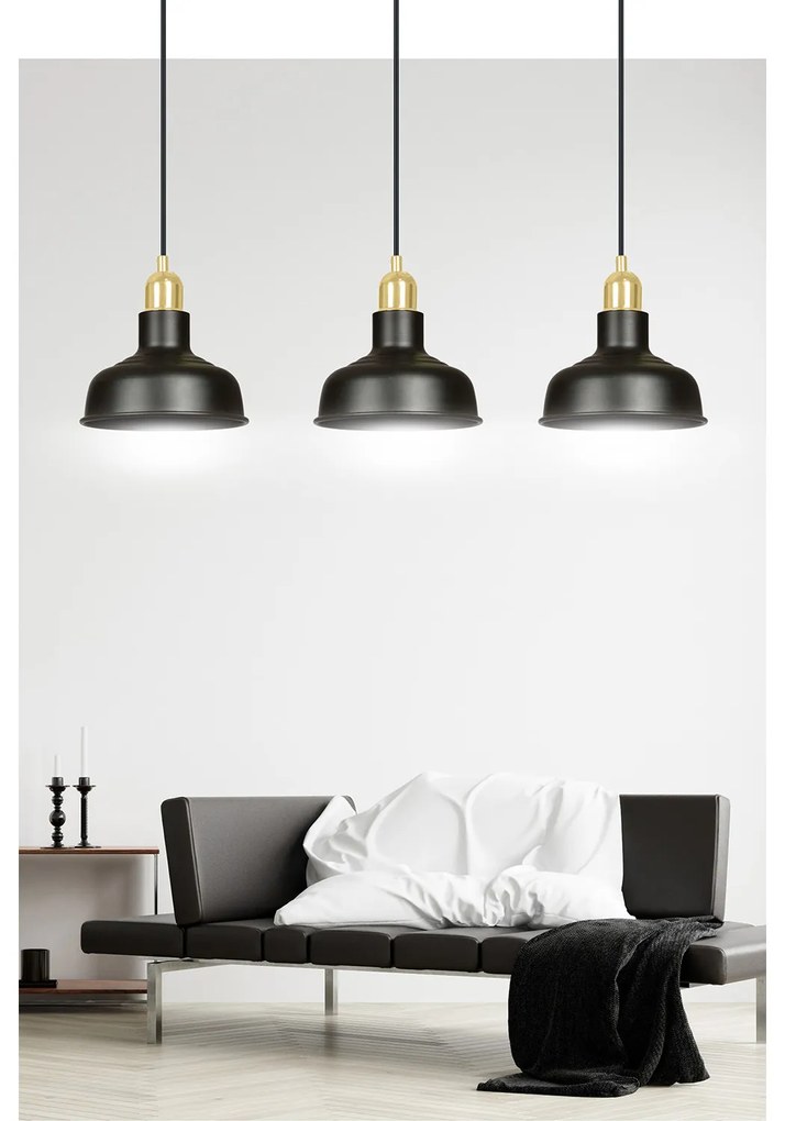 Lampadario Industrial 3 Luci Kubera In Acciaio Nero Con Elementi In Oro