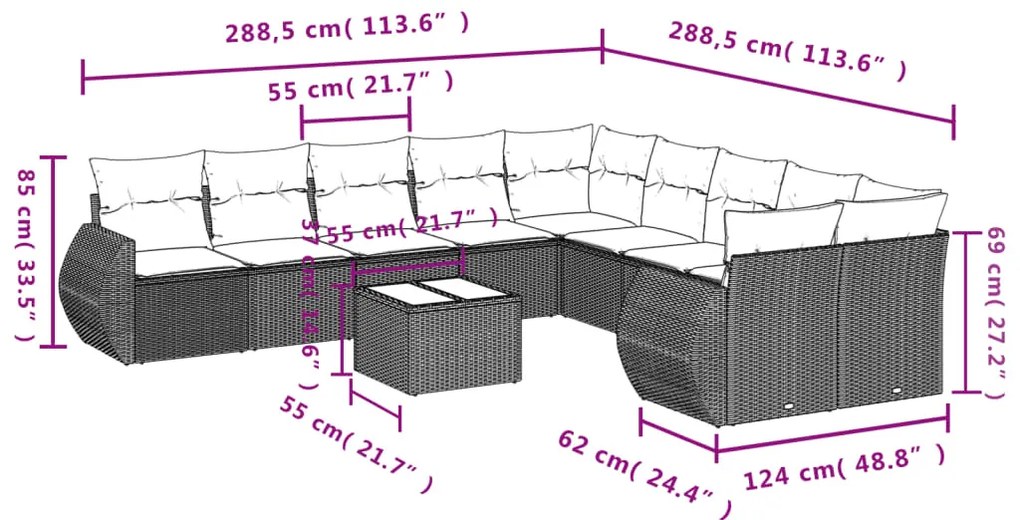 Set divani da giardino 11 pz con cuscini in polyrattan nero