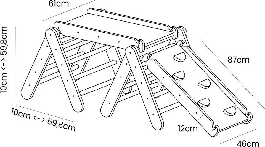 Pikler triangolo montessori grigio/di colore naturale in pino massiccio 265x61x60 cm Montessori – Meowbaby