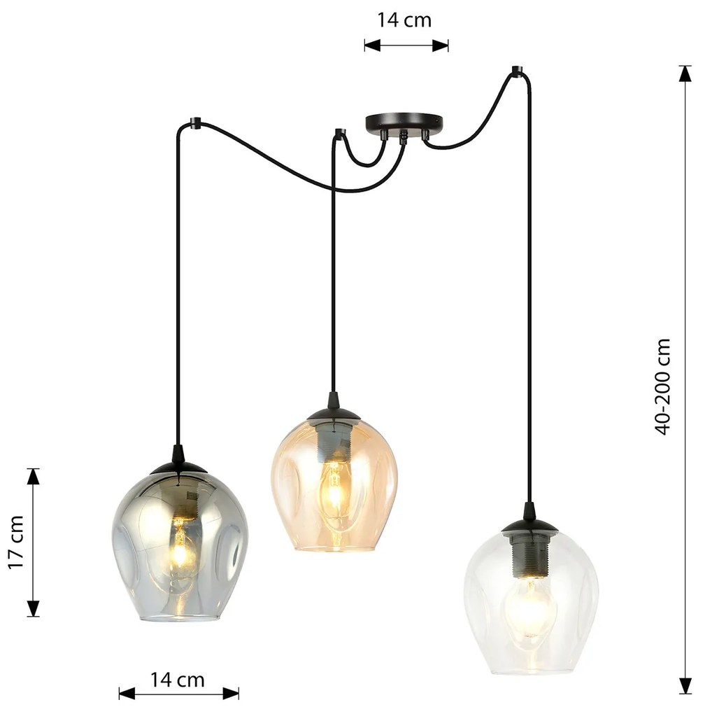 Sospensione 3 Luci Parsifal In Acciaio Nero E Vetro Multicolor Con Cavi Lunghi