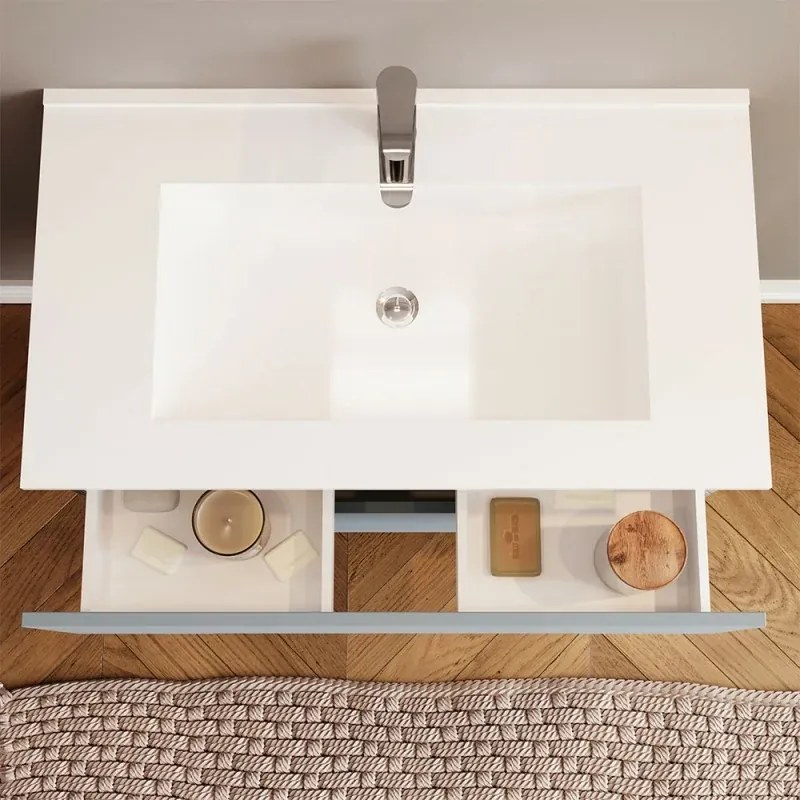 Mobile bagno sospeso 80 rovere fumo e blu pastello con lavabo e specchio Iris