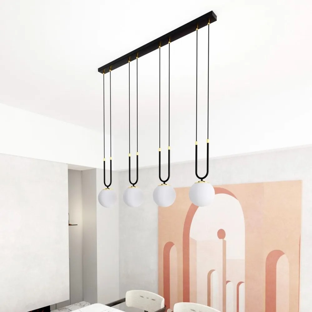 Lampadario a Sospensione in Acciaio e Vetro GLAM 4 Nero 4xE14 Colore del corpo Nero e Oro