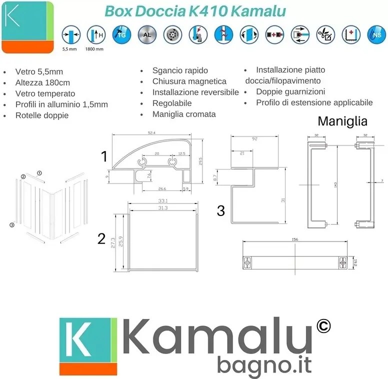 Box doccia 3 lati 70x70x70 altezza 180 cristallo trasparente K410 - KAMALU