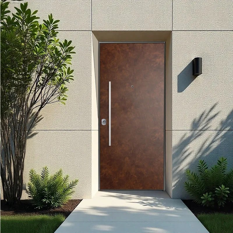 Porta blindata YALE Corten L 80 x H 210 cm in alluminio ruggine/noce, apertura spingere a destra, falso telaio incluso