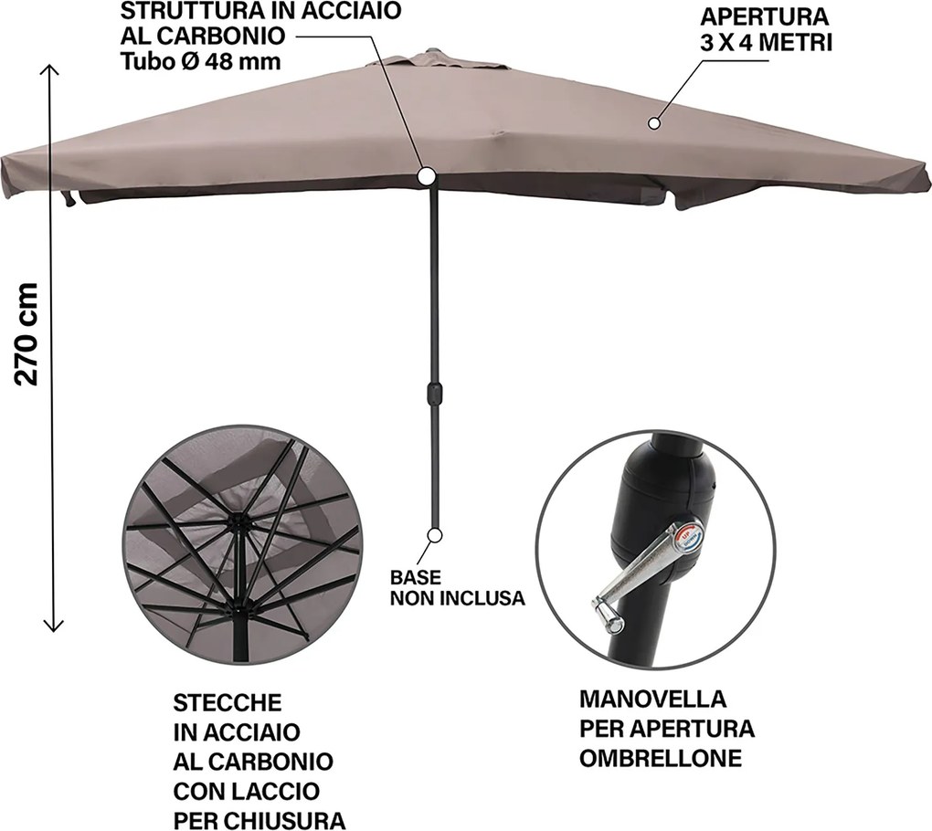 Ombrellone da Giardino 3x4 m Copertura in Poliestere Struttura in Acciaio Tortora Cuba...