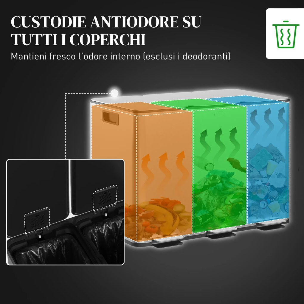 Pattumiera Differenziata Cestino Spazzatura 3 Scomparti da 10L in Acciaio Inox Argento...