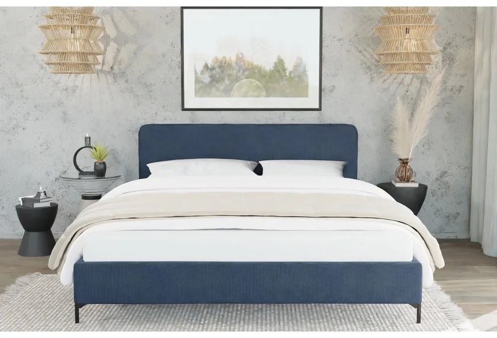 Letto matrimoniale imbottito blu scuro con griglia 160x200 cm Barker - Ropez