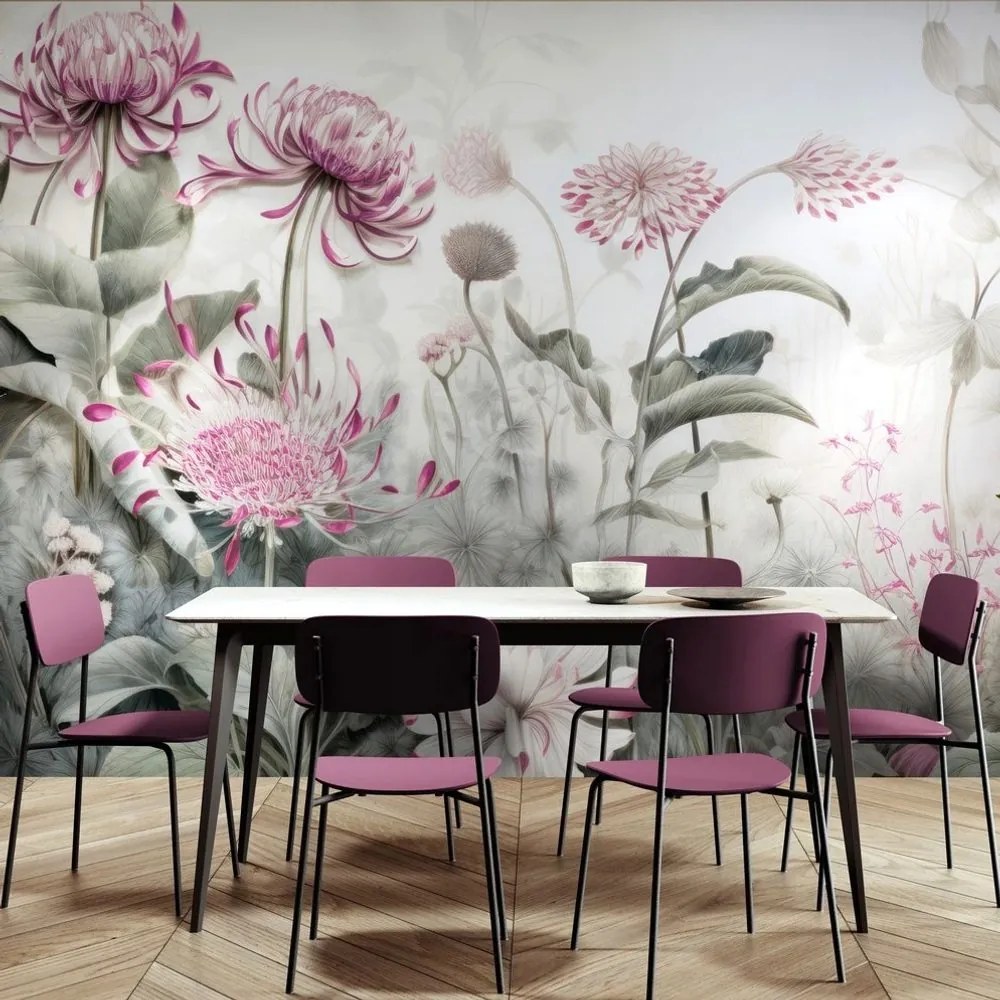 Carta da parati autoadesiva – Fiori avvolti dalla natura con contrasto rosa