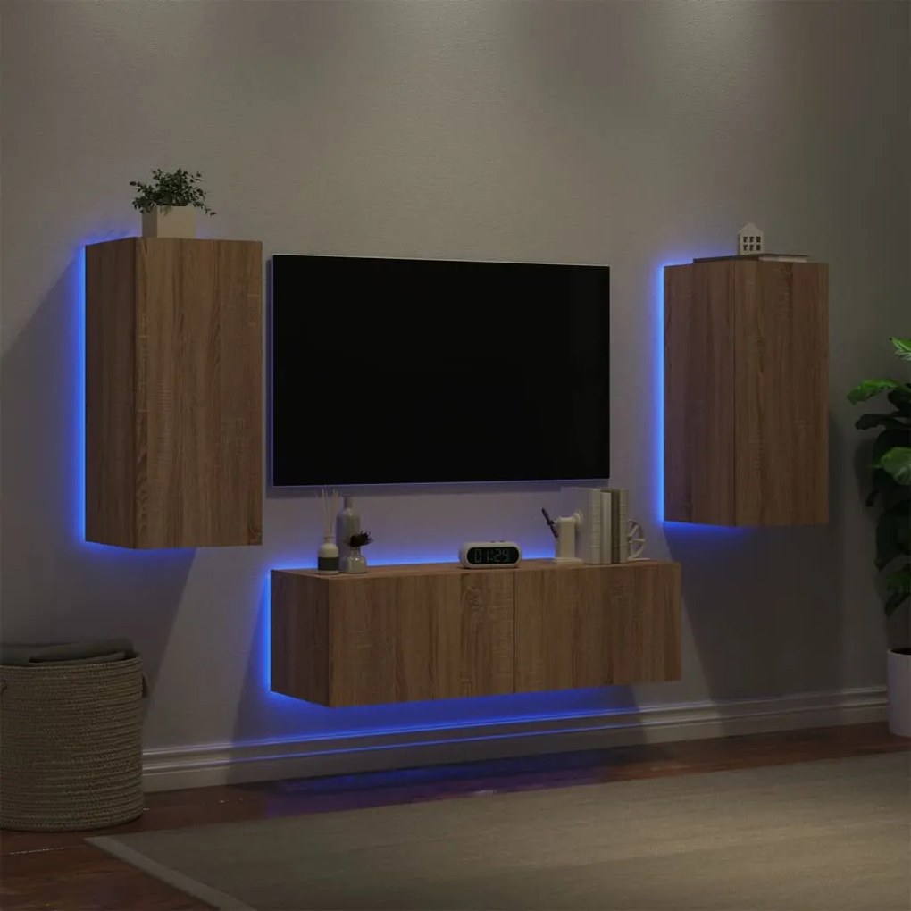 Mobili tv a muro 3pz con luci led rovere sonoma