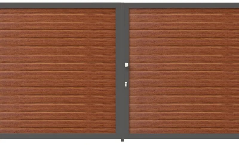 Cancello manuale battente Maia120 Close ALBA in alluminio rovere dorato telaio grigio, apertura centrale, L 400 x H 190 cm