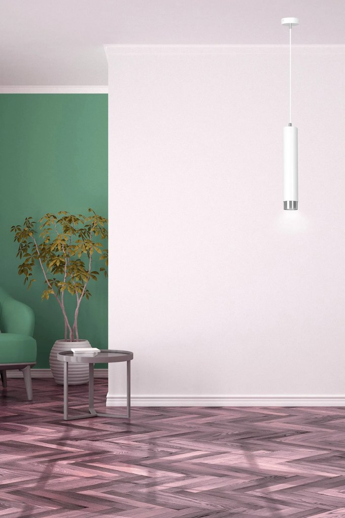 Sospensione 1 Luce Kibo In Acciaio Bianco Con Tubolare In Bianco E Cromo