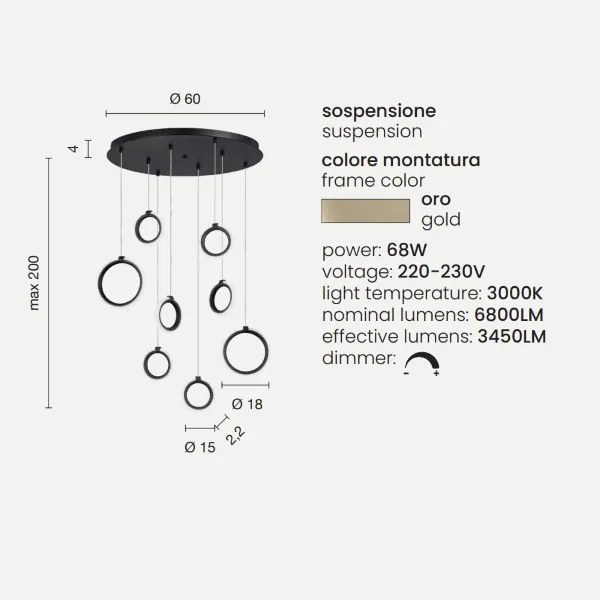 Lampada a sospensione in metallo verniciato 8 Luci ORO a Led PINTA